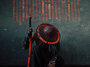 戴着斗笠的日本暗黑剑客人像艺术摄影欣赏