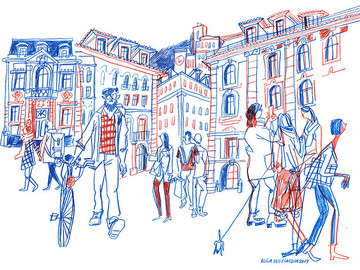 手绘素描街头场景插画作品图片
