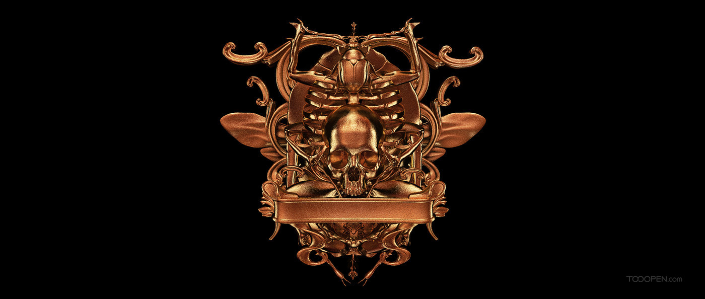 骷髏頭與金色昆蟲CG插畫作品欣賞-03