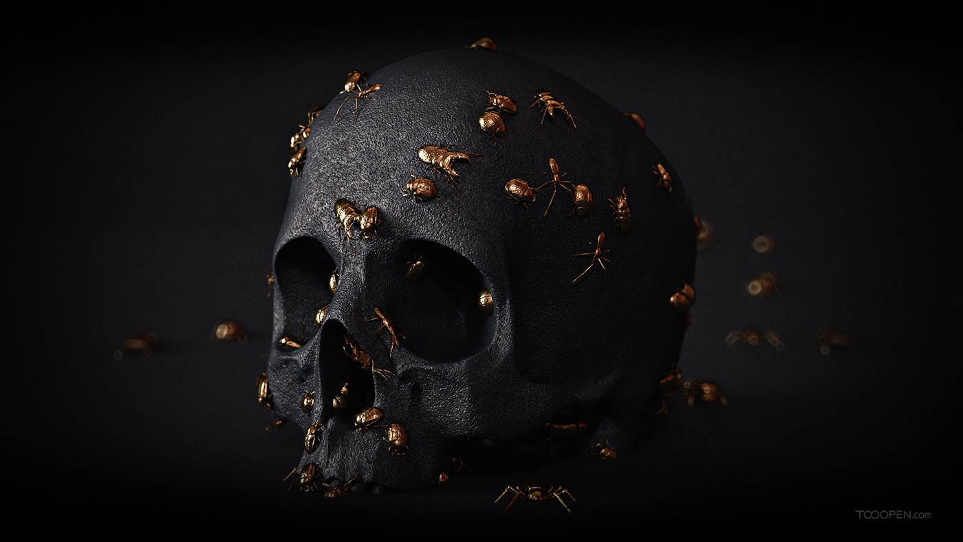 骷髏頭與金色昆蟲CG插畫作品欣賞-06