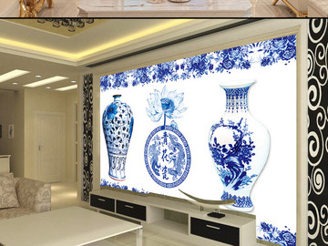 青花瓷传统文化干净电视背景墙