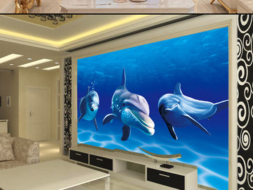 海洋世界海豚蓝色大气电视背景墙