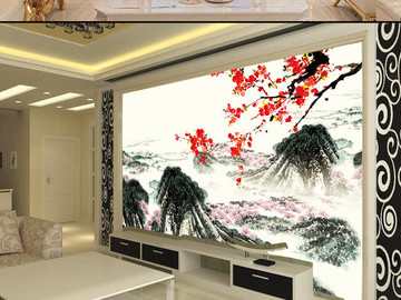 水墨传统山水花树电视背景墙