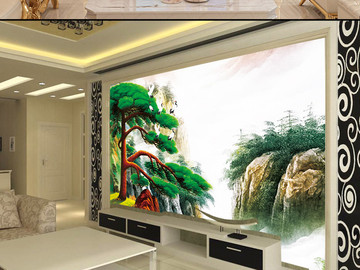 传统山水野鹤祖国大气电视背景墙