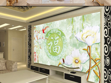 玉石福字传统花鸟树电视背景墙