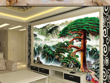 传统山水松树仙鹤大气电视背景墙