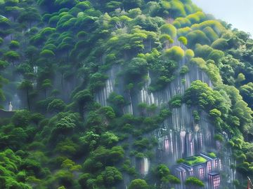 自然风光：森林瀑布，林间流水，天空建筑